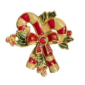 Vintage Gold Tone Enamel Candy Cane Brooch with Red Bow & Holly Next Day Ship